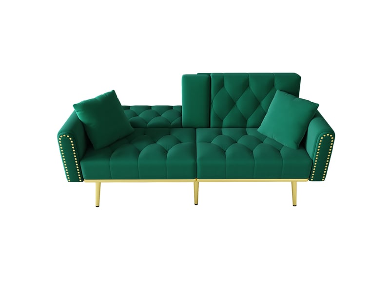 Canapé convertible 2 places velours vert 175x80x73.5cm avec coffre de rangement et support gobelet - Conforama A
