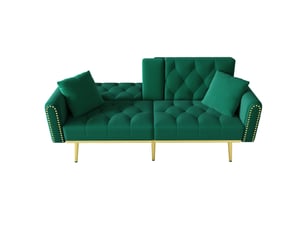 Canapé convertible 2 places velours vert 175x80x73.5cm avec coffre de rangement et support gobelet