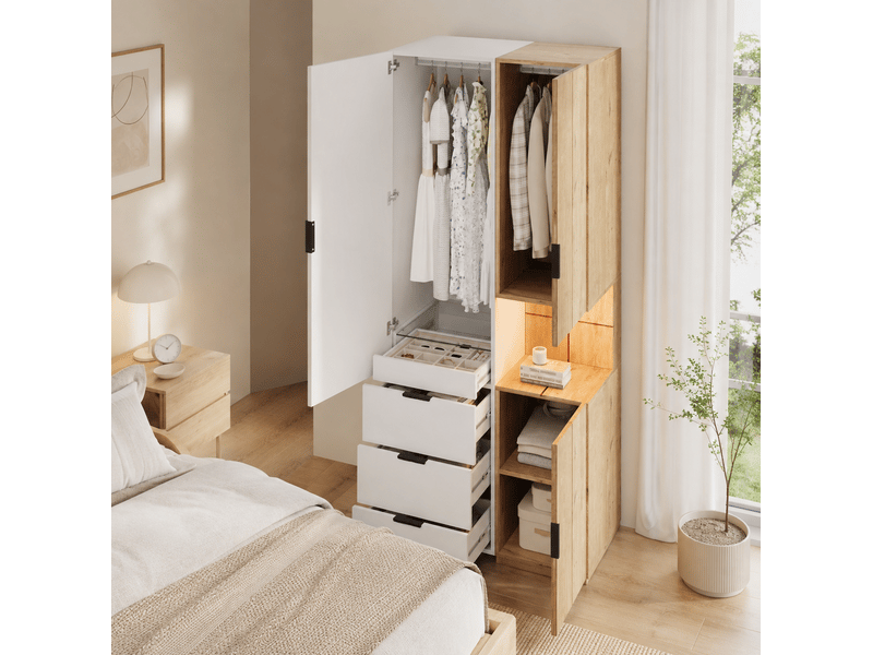  Armoire 90x49x200 cm avec led, 4 tiroirs et décor chêne blanc  - Conforama E