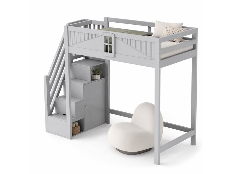  Lit mezzanine enfant 90x200 cm – gris – échelle réversible avec rangement et fenêtre sécurisée – sans matelas  - Conforama A