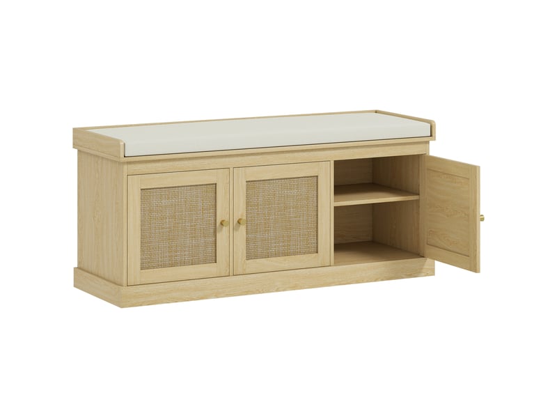  Banc à chaussures style bohème chic 3 portes façade rotin poignées métal doré coussin beige  - Conforama A