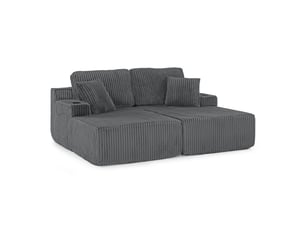 Canapé convertible 2 places avec poche et porte-gobelet - coussins amovibles, velours côtelé gris