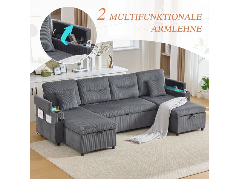 Canapé 4 places, méridiennes doubles canapé d'angle, revêtement velours, lit convertible, rangement intégré, ports usb, porte-gobelets  - Conforama D