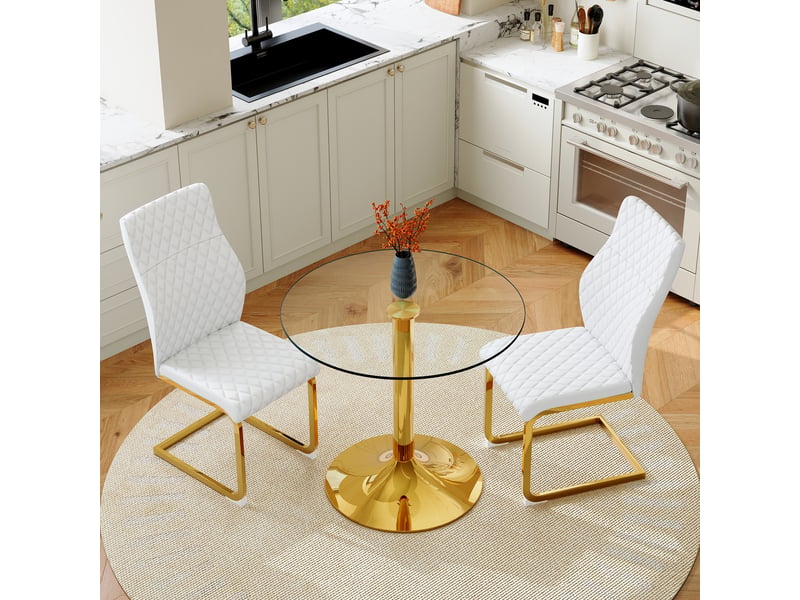  Ensemble table et 2 chaises de salle à manger, table ronde en verre trempé de 85 cm, blanc et doré, style contemporain  - Conforama C