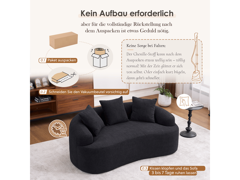  Canapé 2 places incurvé en chenille noir avec 3 coussins, sans montage  - Conforama D