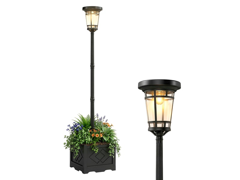  Lampadaire solaire pot fleurs, 195 cm, lanterne extérieure, 2 luminosités, interrupteur, ip44.  - Conforama A