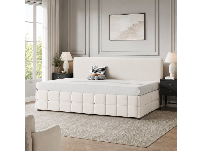  Lit coffre 90x200 cm en velours beige avec dossier  - Conforama C