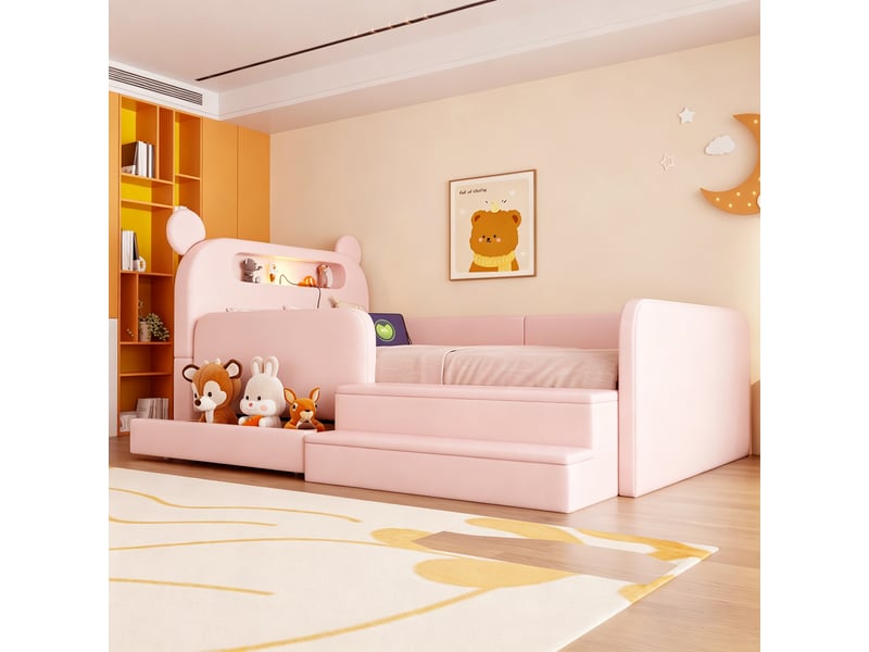  Lit enfant 90x200 cm rose en similicuir avec tête de lit ours, veilleuse, usb et rangement  - Conforama E