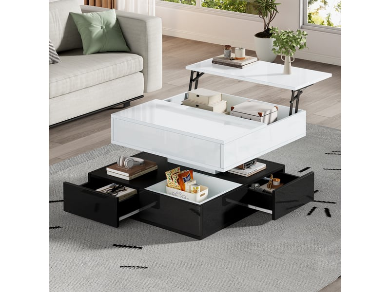  Table basse carrée 70x70 avec plateau relevable, table de salon noir et blanc, rangement caché  - Conforama C