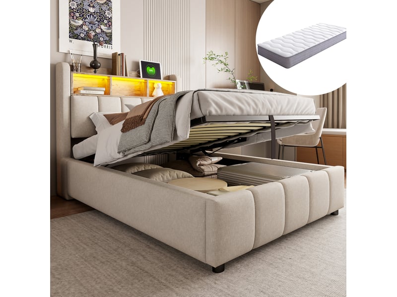 Lit simple 90 × 200 cm avec coffre hydraulique, led et ports usb, tête de lit à niches, beige, chambre 215 × 90 × 111 cm - Conforama D