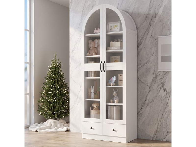  Vitrine bibliothèque haute 76x40x180 cm - sommet arrondi - portes vitrées - 2 tiroirs - mdf et verre - blanc CozyNest - Conforama D