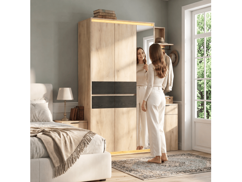  Ensemble dressing 155x47x200 cm avec miroir, led et 5 tiroirs décor chêne  - Conforama E