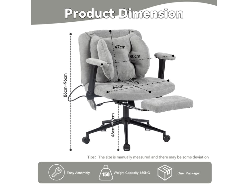  Chaise de bureau pivotante à hauteur réglable avec accoudoirs - lpospi - soutien lombaire gonflable, tissu gris  - Conforama D