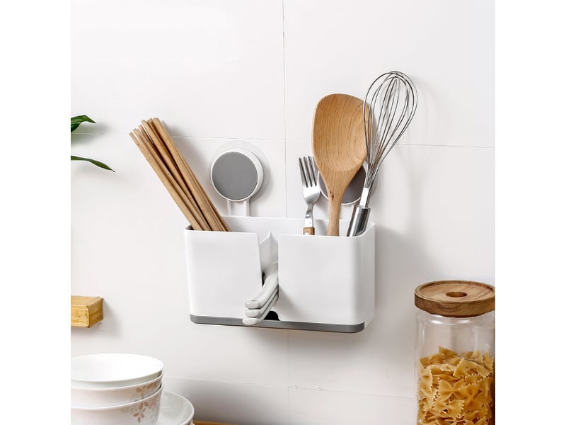 Porte-ustensiles de cuisine avec 2 ventouses et égouttoir pour couverts, éponges, brosses, grattoirs, baguettes - white - Conforama D
