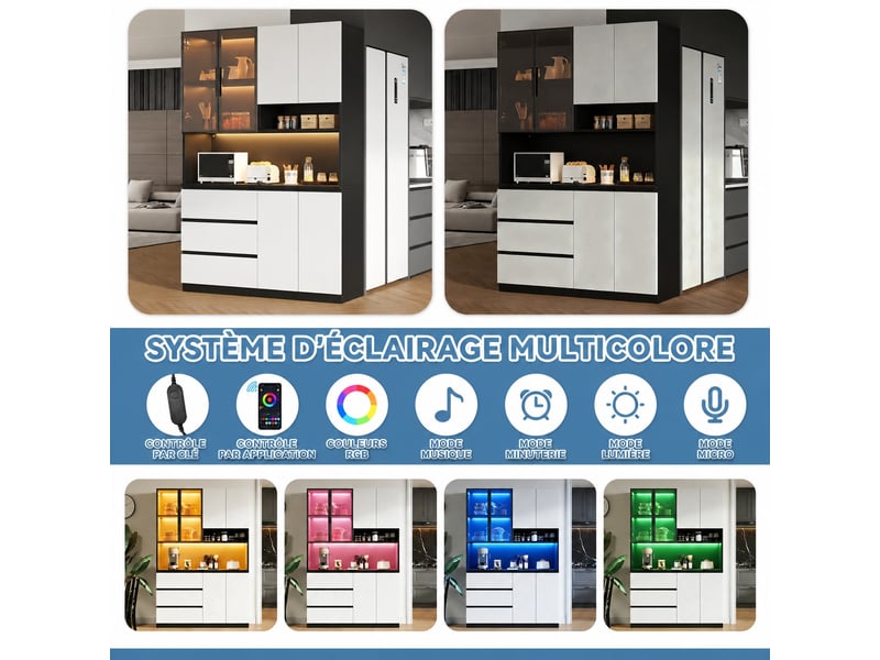  Meuble de cuisine muvano, buffet haut blanc et noir avec led, 6 portes et 3 tiroirs, largeur 120,5 cm  - Conforama E