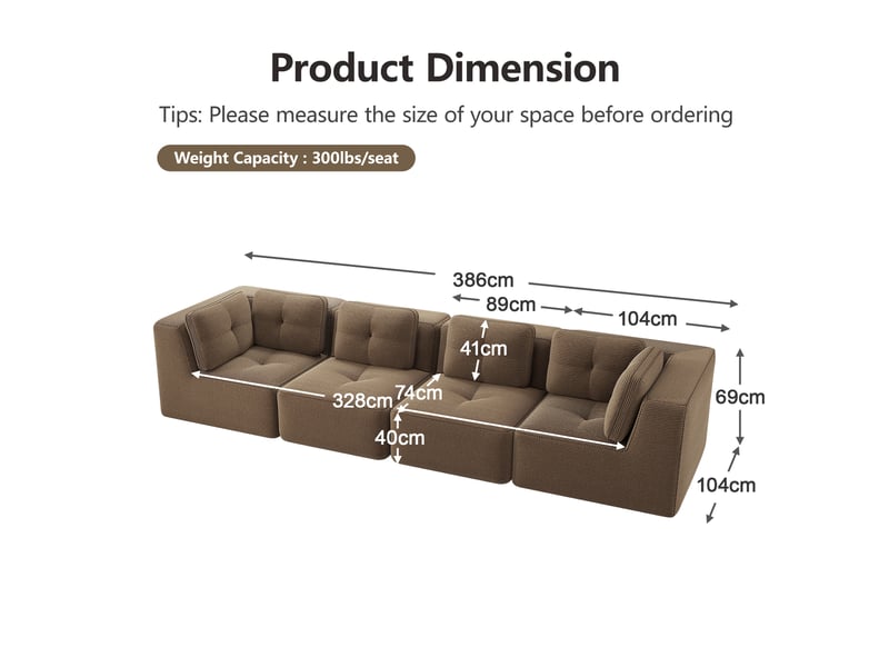 Canapé d'angle modulaire sans assemblage avec assise profonde et coussins moelleux en corduroy marron  - Conforama E