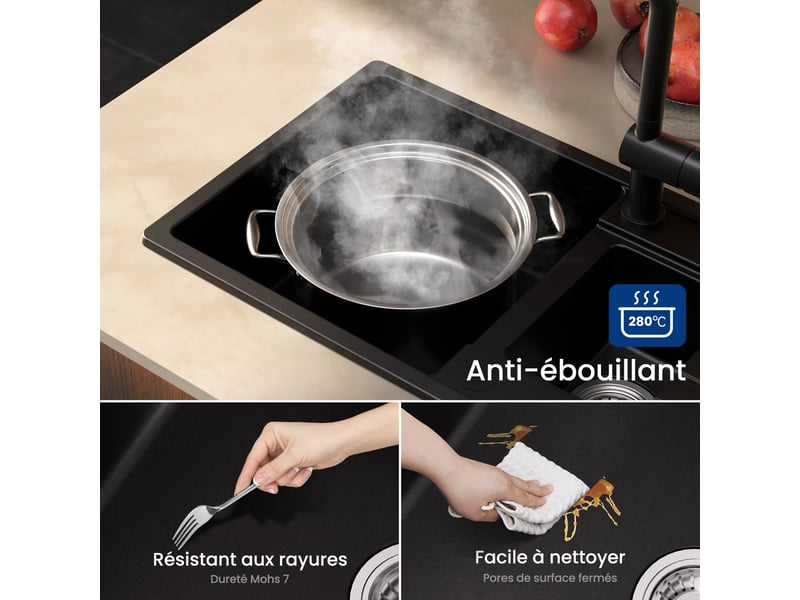 Cecipa max évier de cuisine 86x45cm - évier en granit 1,5 bac - bac principal et bac secondaire - avec panier égouttoir et système d’évacuation - noir - Conforama D