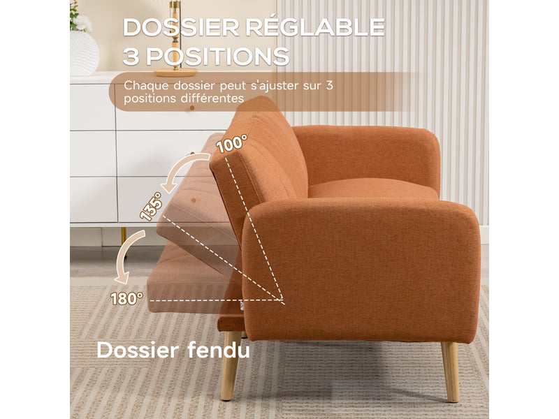  Canapé convertible 2 places design scandinave dossier inclinable 3 positions pieds bois tissu aspect lin marron  - Conforama E