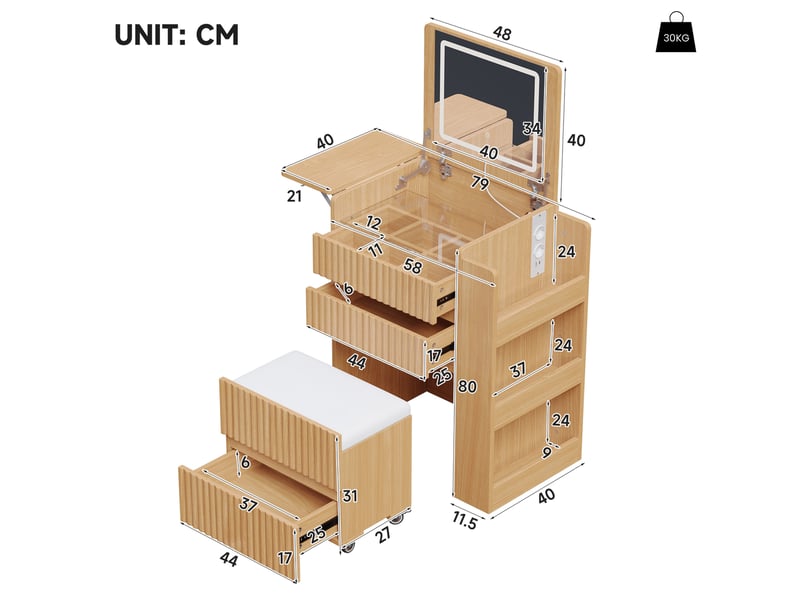  Coiffeuse naturelle avec miroir led rabattable, prises, 3 tiroirs et tabouret à roulettes 79 x 40 x 120 cm  - Conforama E
