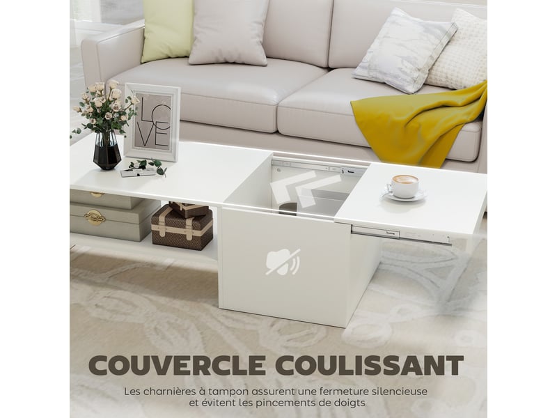  Table basse rectangulaire, table d'appoint plateau coulissant, rangement caché, étagère ouverte, blanc, 110 x 52 x 36 cm  - Conforama D