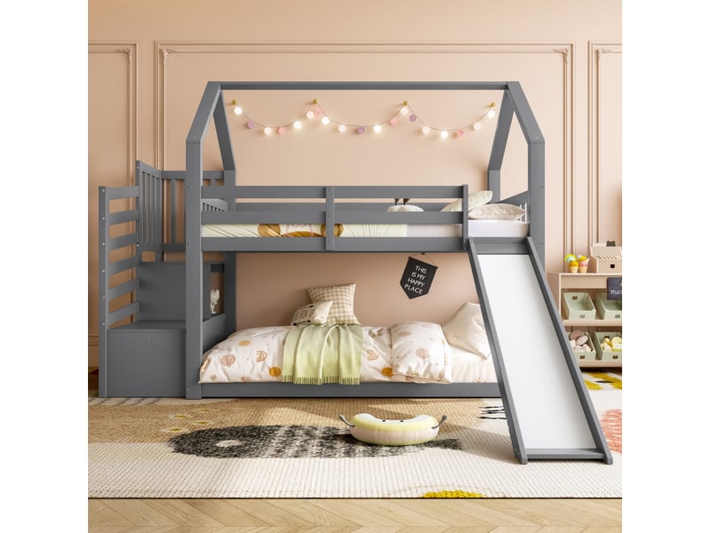  Lit à couchages superposés, 90x200 cm, avec escalier de rangement, toboggan, matelas non inclus, bois, coloris gris  - Conforama D