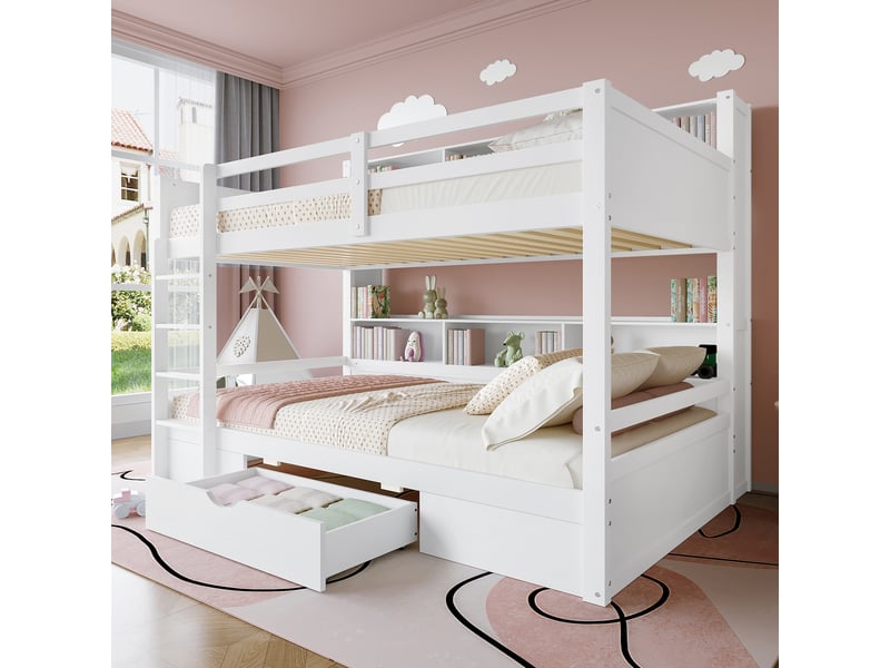  Lit superposé enfant 90x200, lit superposé blanc avec tiroirs et étagères de rangement, cadre en bois, 205x118.5x175cm.  - Conforama B