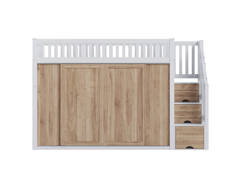  Lit enfant (90 x 200 cm), lit superposé, lit enfant multifonctionnel avec armoire et escalier, bande lumineuse colorée, sans matelas, coloris blanc et chêne  - Conforama E