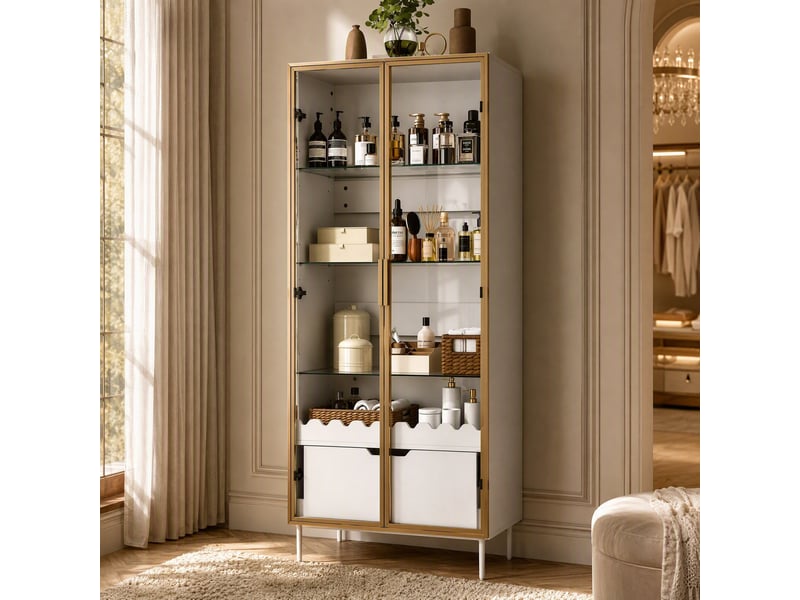  Vitrine avec porte vitrée, étagères réglables et tiroir, pieds en métal pour salon, chambre ou entrée, blanc doré  - Conforama D