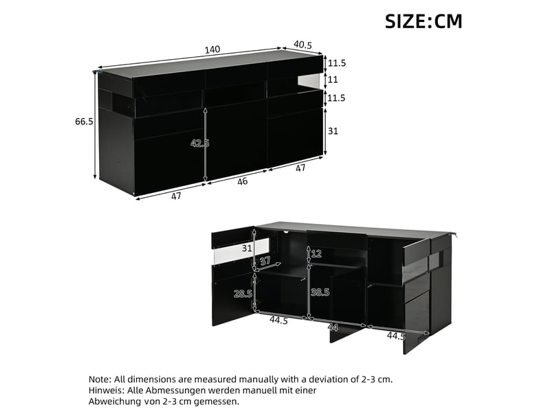  Buffet et enfilade de rangement 3 portes avec led commandée par application pour salon noir 140 × 40,5 × 66,5 cm  - Conforama C