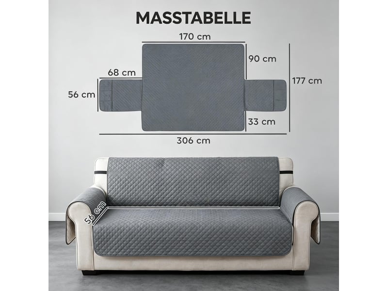  Housse de protection canapé 3 places 306 x 177 cm – gris – imperméable antidérapante avec poches latérales  - Conforama C