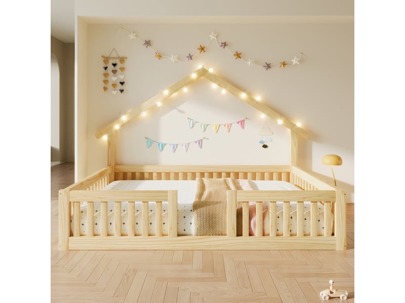 Lit cabane enfant 140x200 cm en bois avec garde-corps sécurisé, led guirlande lumineuse, lit au sol avec barrière de protection - naturel - Conforama B