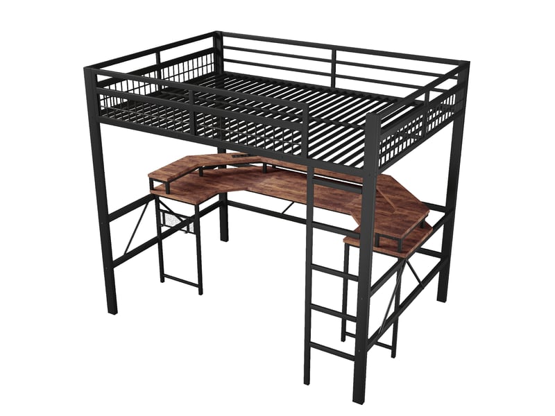  Lit mezzanine noir 140 × 200 cm avec bureau, led, usb, type-c et 2 prises  - Conforama E