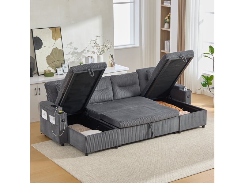 Canapé convertible 4 places à double méridienne avec rangements, gris anthracite  - Conforama D