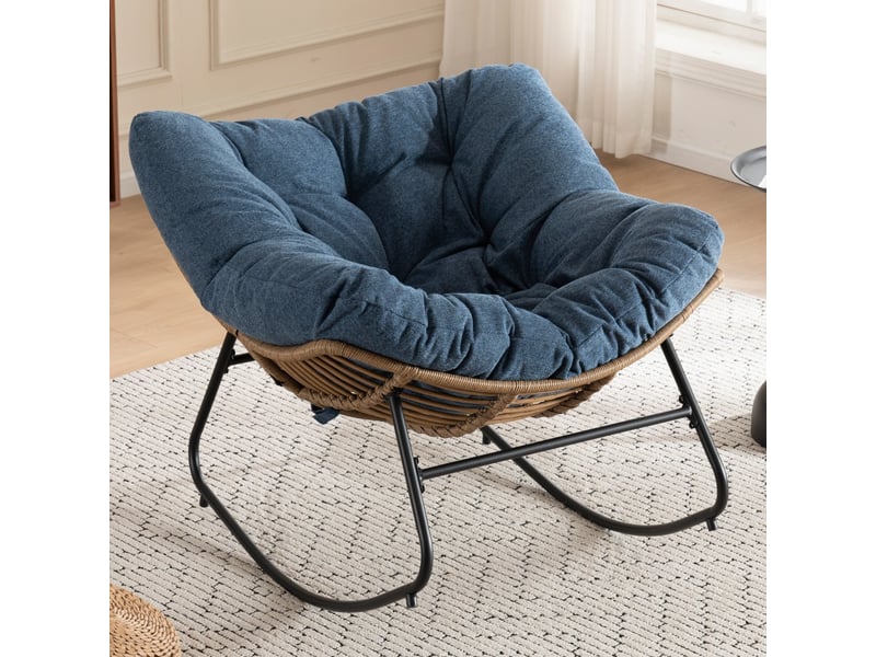  Fauteuil à bascule en chenille - 95x107x83 cm - chaise berçante ergonomique cadre métal détente salon chambre - bleu  - Conforama B