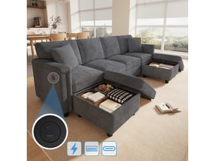 Canapé droit 4 places, canapé d'angle modulable en l et u, avec 2 poufs à rangement, 2 coussins déco, chenille gris