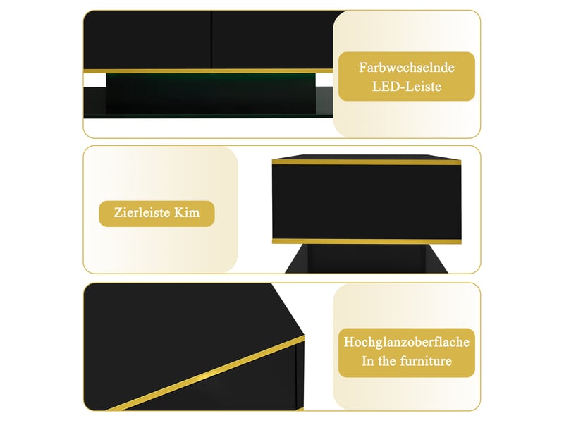  Table basse led moderne 100 cm, finition brillante, décor doré, 3 tiroirs, bandeau led usb, noir  - Conforama E
