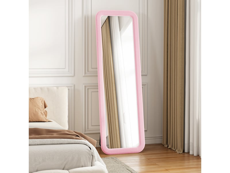  Miroir pleine longueur rose 160x50 cm à bords arrondis, cadre en flanelle rembourrée, au sol ou mural pour chambre et dressing  - Conforama D