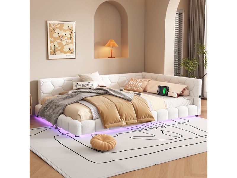  Lit jour 140x200 cm, convertible canapé-lit avec sommier, led rgb, usb-c, blanc  - Conforama D
