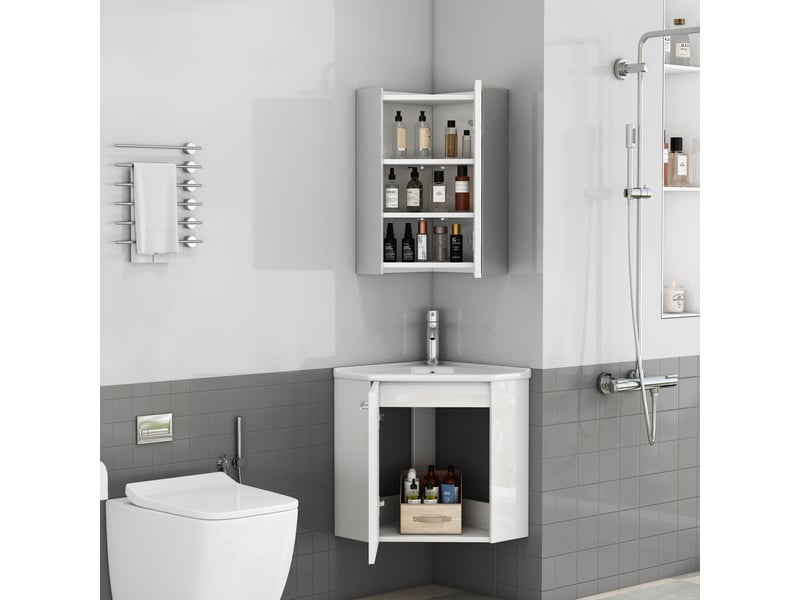  Meuble sous vasque d’angle avec miroir, charnières amorties et lavabo céramique pour salle de bain, en mdf, blanc  - Conforama B