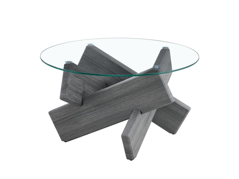  Table basse ronde en verre trempé, diamètre de 79 cm, pieds croisés en mdf gris  - Conforama A