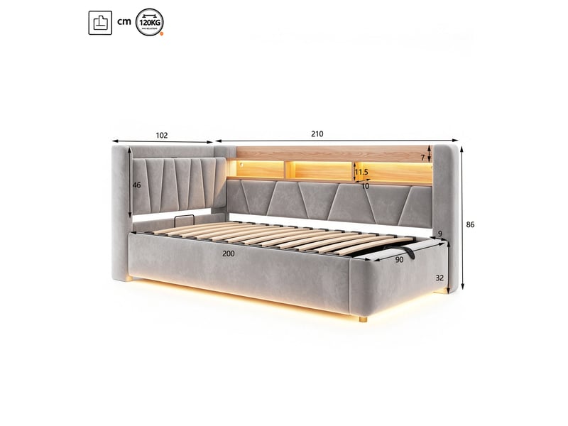  Lit banquette coffre 90x200 cm avec rangement hydraulique, étagères, port usb et éclairage led, velours gris  - Conforama C