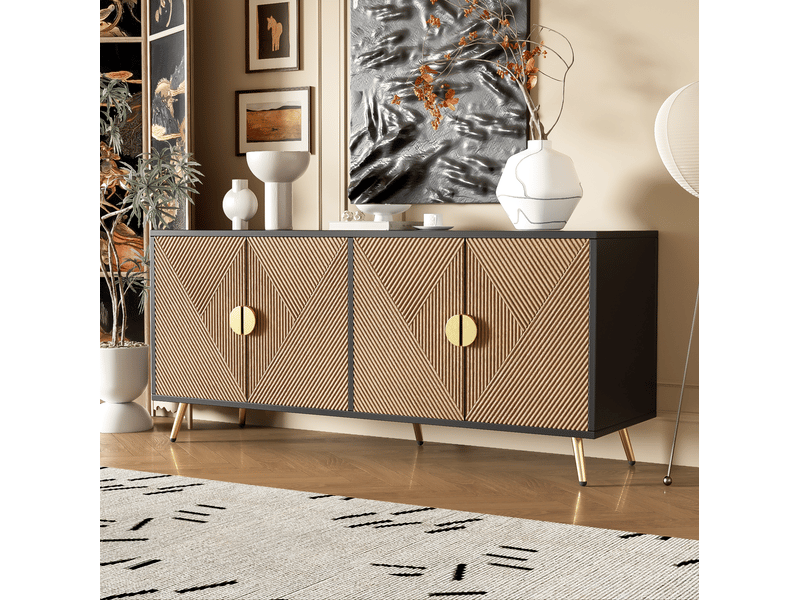  Buffet 160 x 40 x 75 cm noir et bois, 4 portes, poignées dorées brossées pour salon  - Conforama B