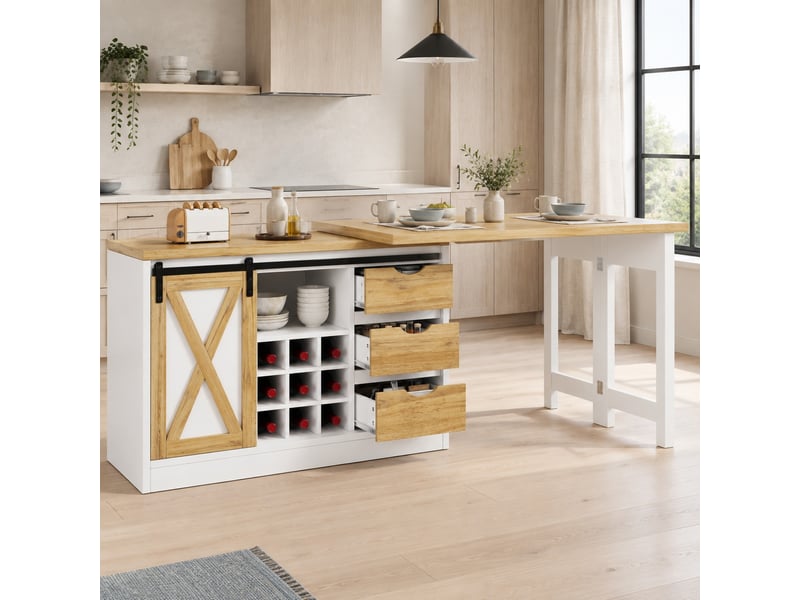 Îlot de cuisine 2 en 1 avec table extensible et rangement - lpospi - porte coulissante mdf blanc 120 × 40 × 72 cm - Conforama B