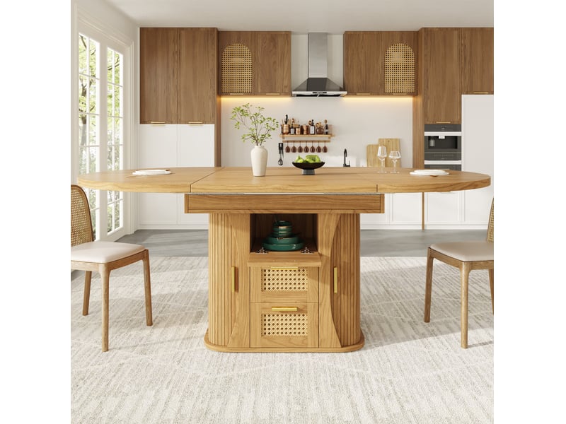  Table à manger extensible 118-158 cm avec tiroirs effet rotin, coloris naturel  - Conforama E
