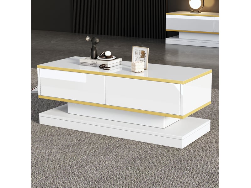  Table basse 100x50x38 cm 2 tiroirs xl ouverture pression forme unique laqué panneau particules blanc chaud doré  - Conforama W