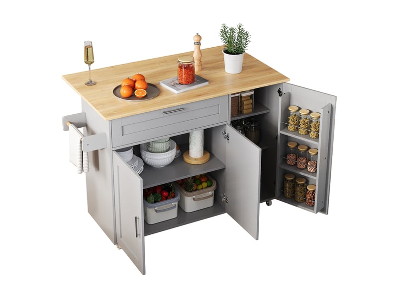  Îlot de cuisine 132,5x44-70,5x90 cm, desserte extensible avec tiroir, étagère à épices et porte-serviettes, mdf, gris  - Conforama A