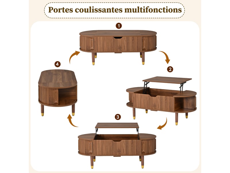  Table basse ovale avec plateau relevable 110x48x57 cm en mdf, rangement caché, portes coulissantes cannelées et pieds en bois - noyer  - Conforama E
