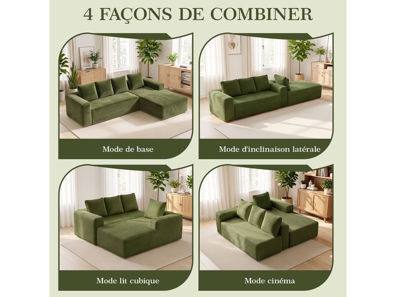  Canapé d’angle modulable 261 x 168 cm avec méridienne gauche, assise profonde, velours côtelé, sans montage, vert  - Conforama E