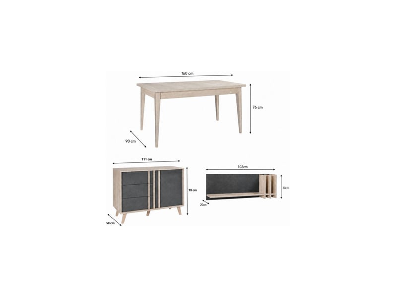  Salle à manger complète malmo avec table 160 cm, buffet haut et étagère murale – chêne clair et gris  - Conforama C