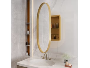 Meuble miroir ovale encastrable ou mural avec 2 étagères réglables et cadre en métal doré pour salle de bain